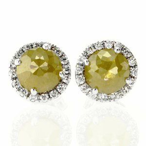 Diamond Halo Earrings Fancy Yellow Rose-Cut Round 1.92 TCW Solid 14K White Gold